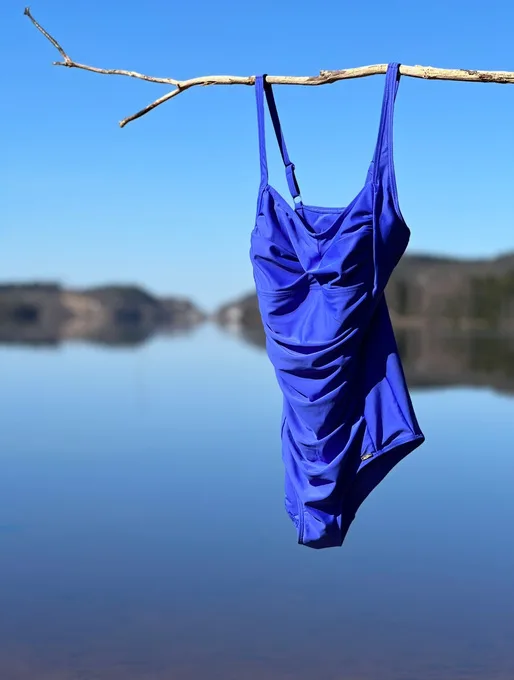 Blå baddräkt hänger på en gren framför en blank sjö